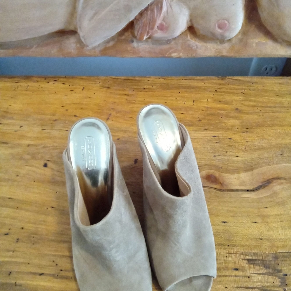 Coach Hollie Size 7.5 B Tan Suede 3.5" Wedge Heel platform Peep Toe - Picture 3 of 16